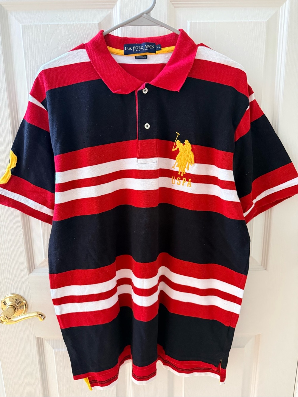 U.S. Polo Assn. Red, Navy & White Striped Polo with Yellow Logo